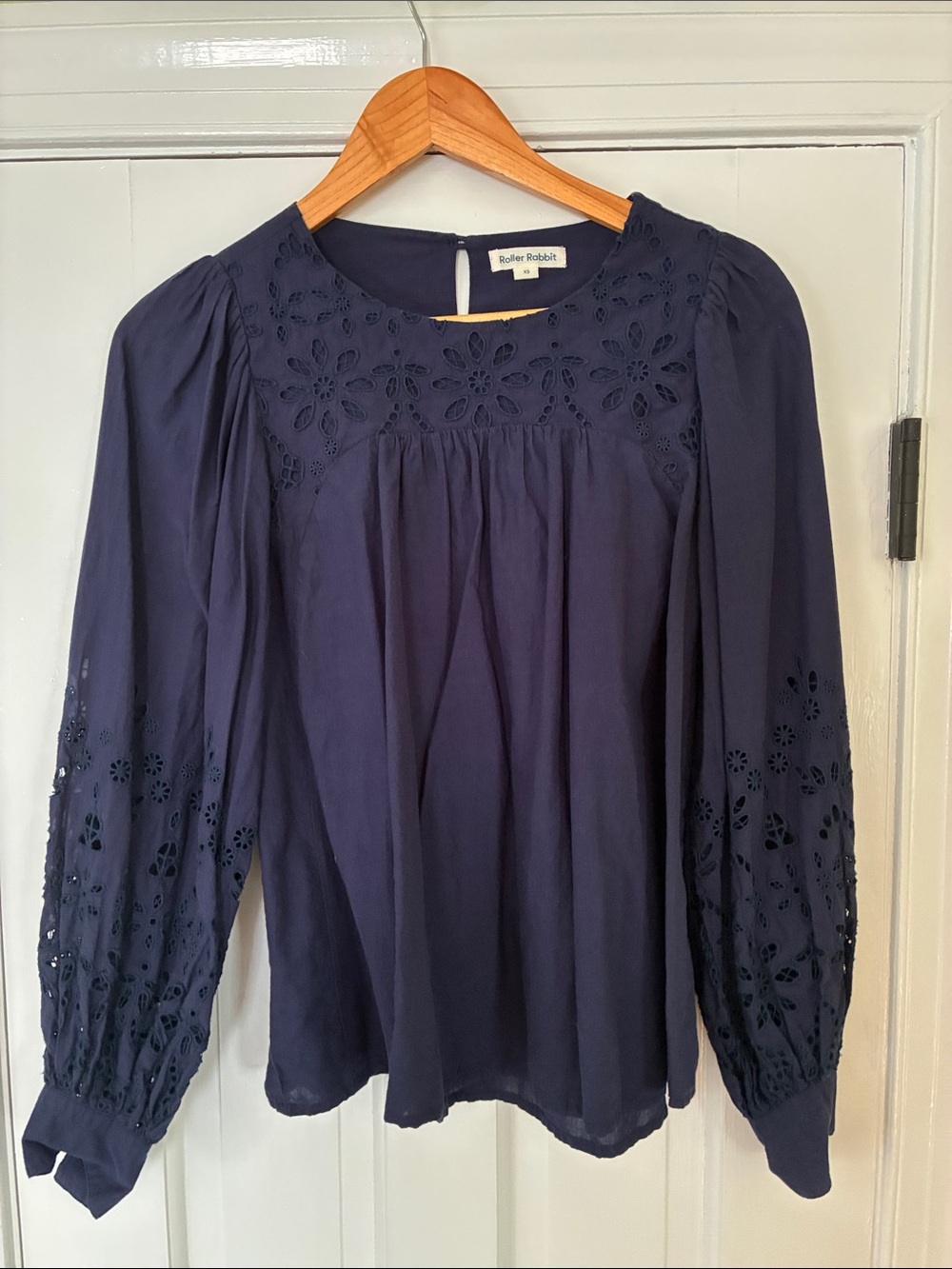 Roller Rabbit Navy Eyelet Peasant Top